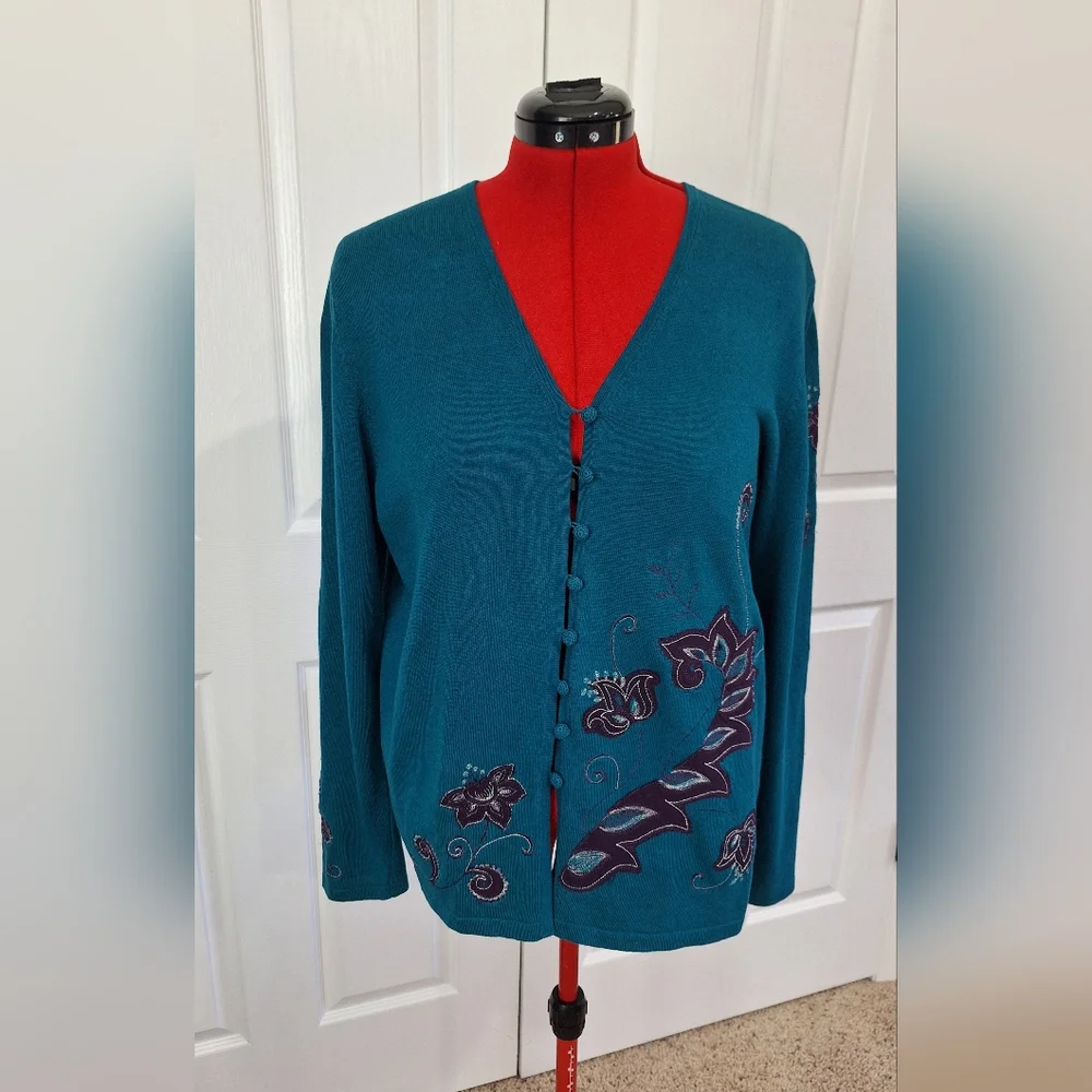 Elegant Teal Women's Cardigan with Embroidered Details
